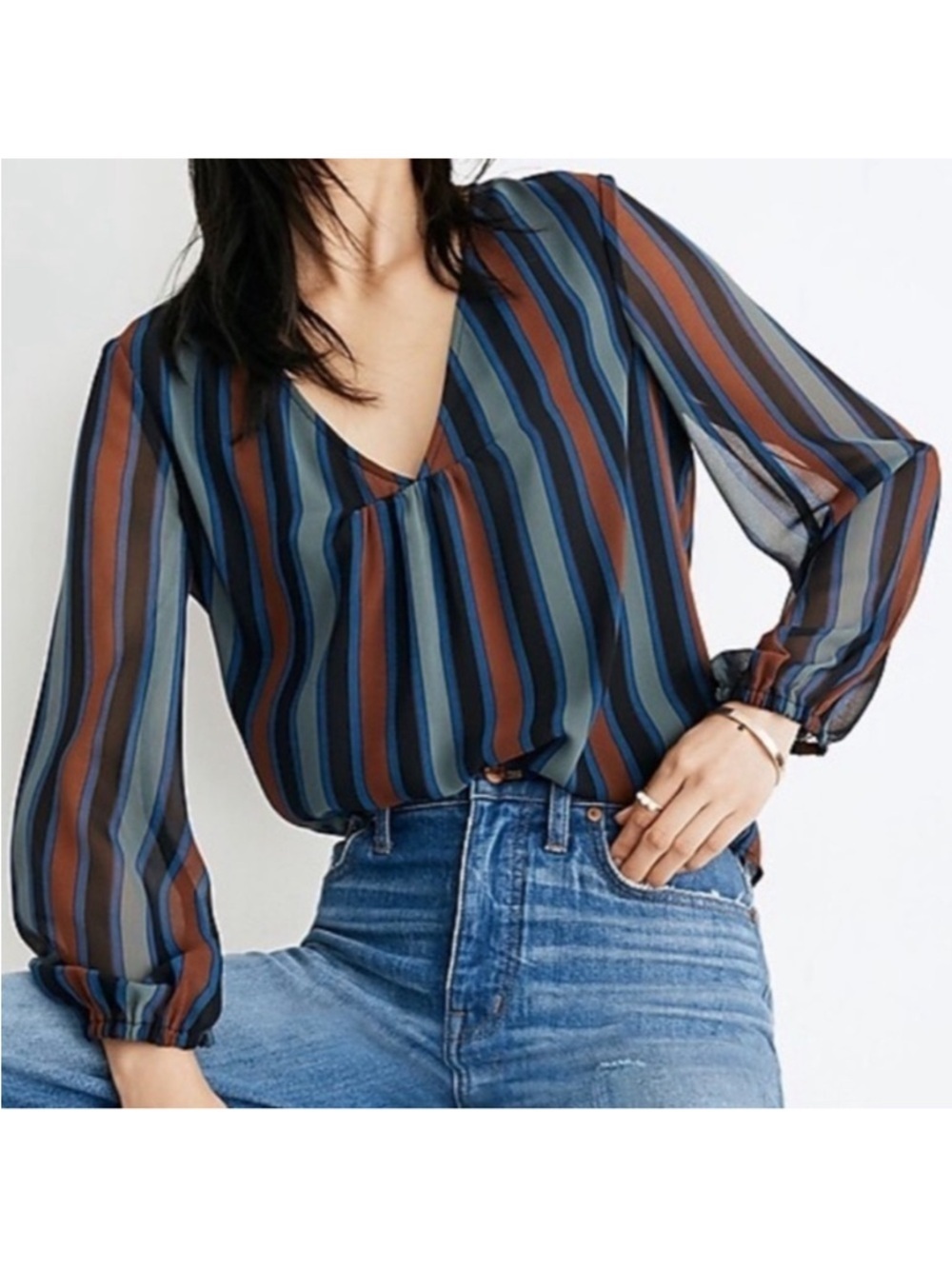 EUC Madewell Academy Stripe Sheer Sleeve Top Size Small